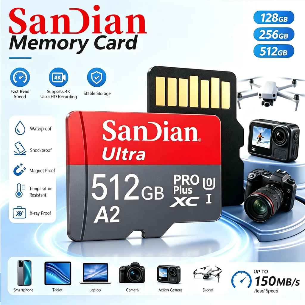 Micro TF SD Card 32GB 512GB TF Cards 256GB SD Cards 64GB Memory Card 8K for Laptop/VR Headset/MP3 Player/Recorder/Car Camera