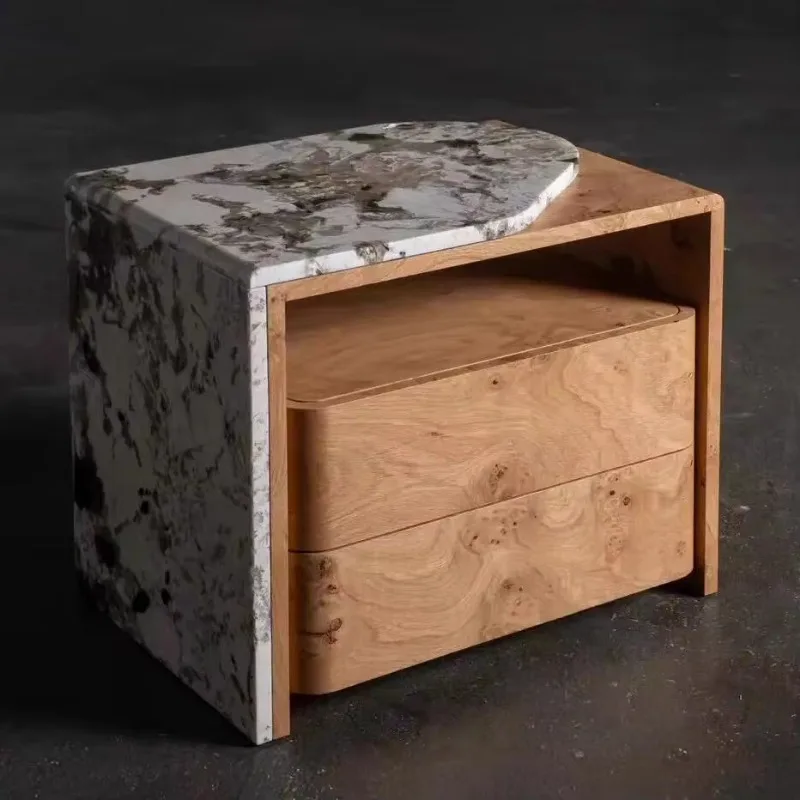 Travertine solid wood two drawers bedside table modern light luxury bedroom furniture locker