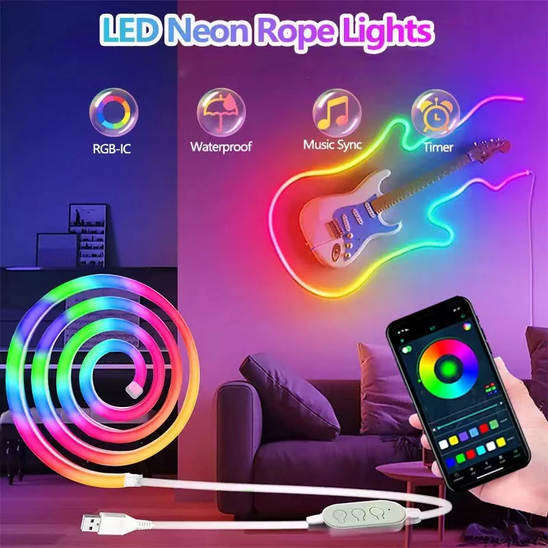 

LED Neon Light with Remote APP Control IP65 Waterproof Flexible Strip Lights RGB Rope Lamp For Bedroom Room Outdoors Decor