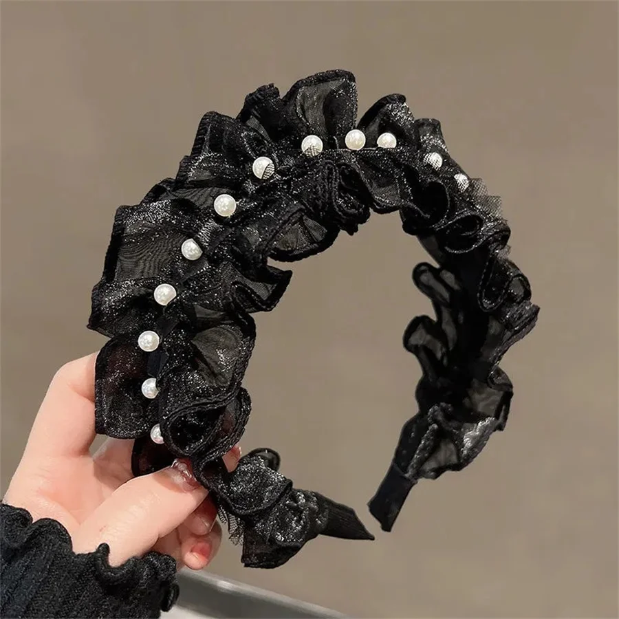 Fashion Princess Ruffles Pearl Hairbands Elastic Flower Women Hair Hoop Bands Headband Bezel Girls Hair Accessories Headdress