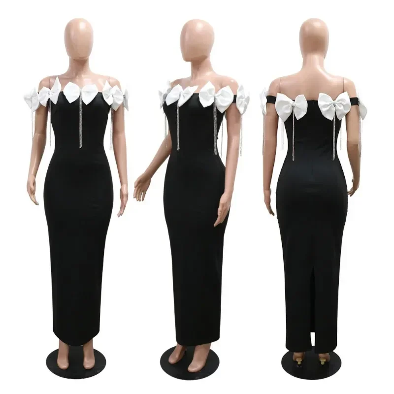 GUWU ฤดูใบไม้ร่วง Rhinestones พู่ Strapless Bow ผู้หญิงแขนกุดชุดยาววันเกิดชุดราตรีชุด Maxi