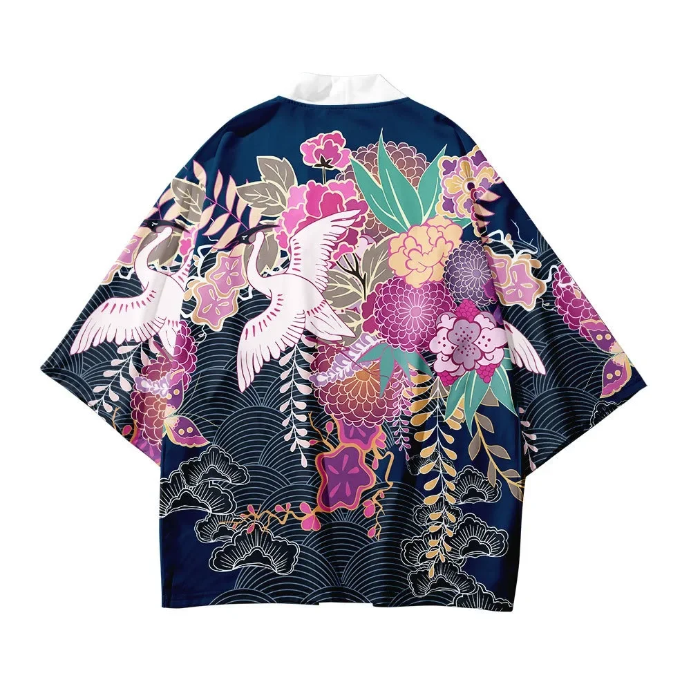 

Summer Crane Print Kimono Fashion Hawaiian Shirt Unisex Trendy Tops Yukata Bathrobe Loose Kimono Elegant Fashion Outwear