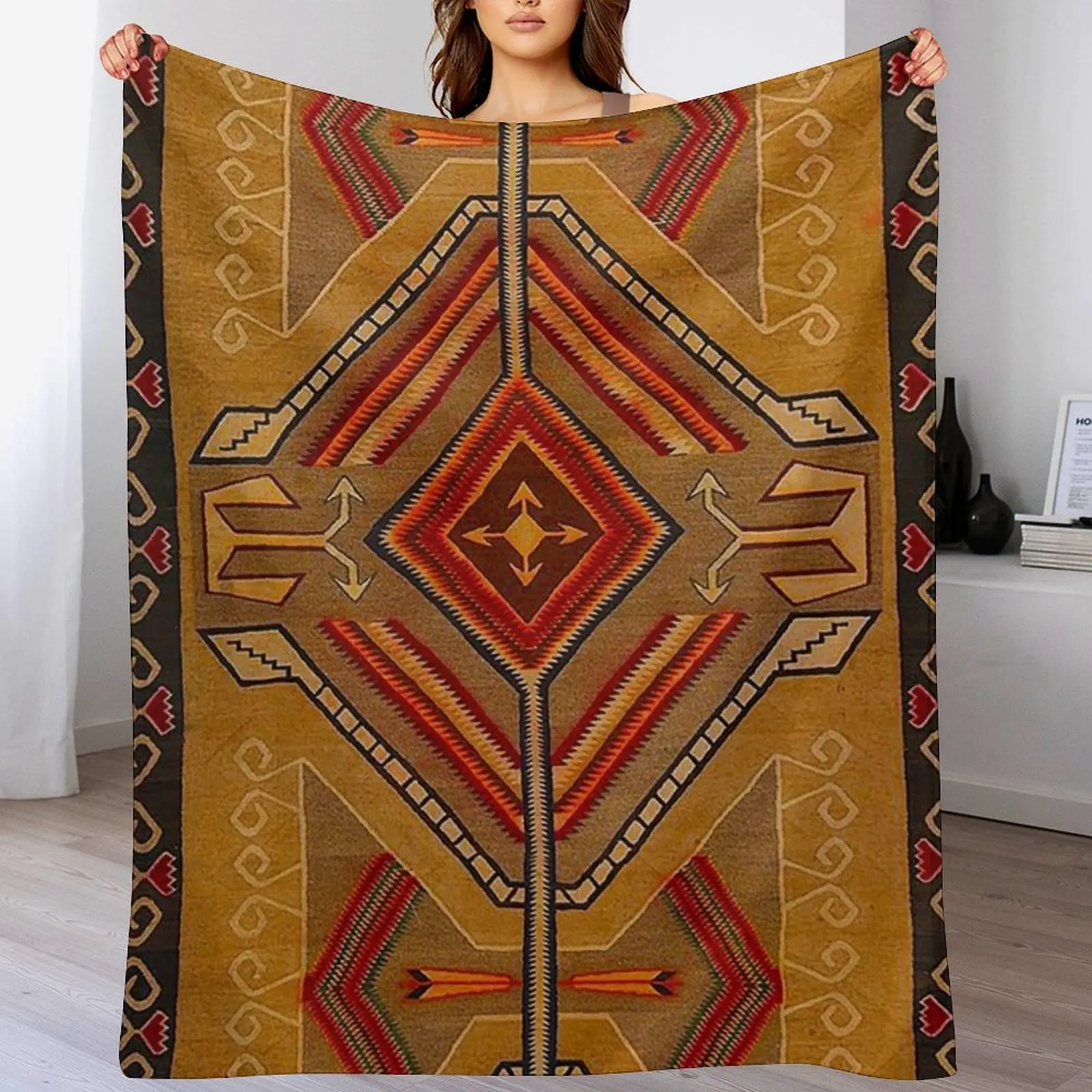 

Navajo Blanket pattern,southwestern art, red, yellow,brown Throw Blanket Soft Sherpa Fleece Warm Blanket for Winter