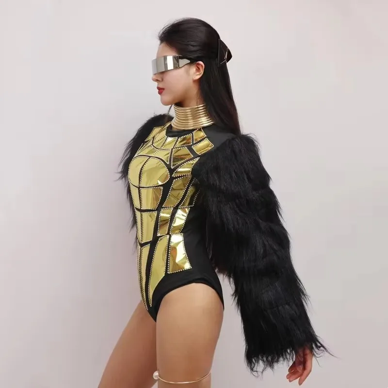 Body Sexy con manga de piel para Bar, traje láser dorado para club nocturno, traje de baile para actuación de bailarina y cantante, disfraz de Drag Queen para escenario