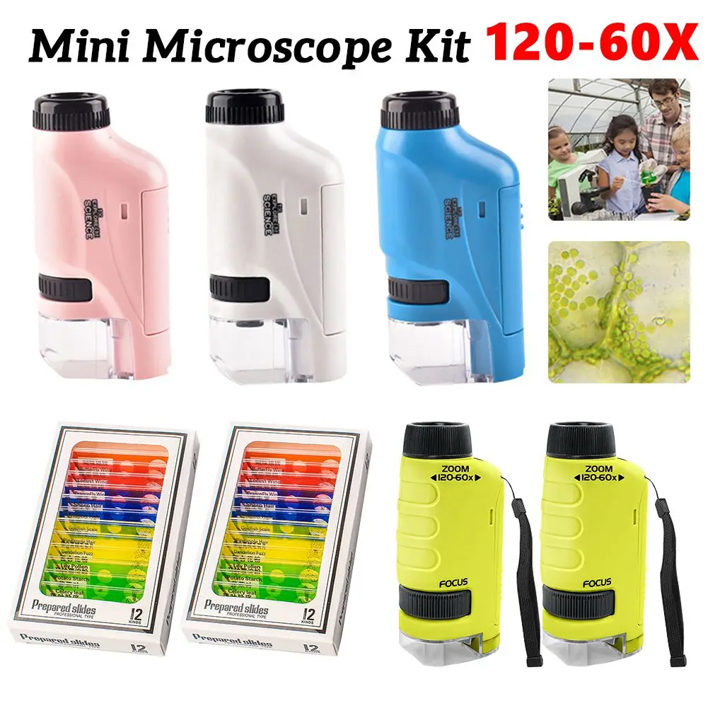 Handheld Pocket Microscope 60-120X Educational Science Microscope Battery Powered Biological Microscope Kit Outdoor Children Toy