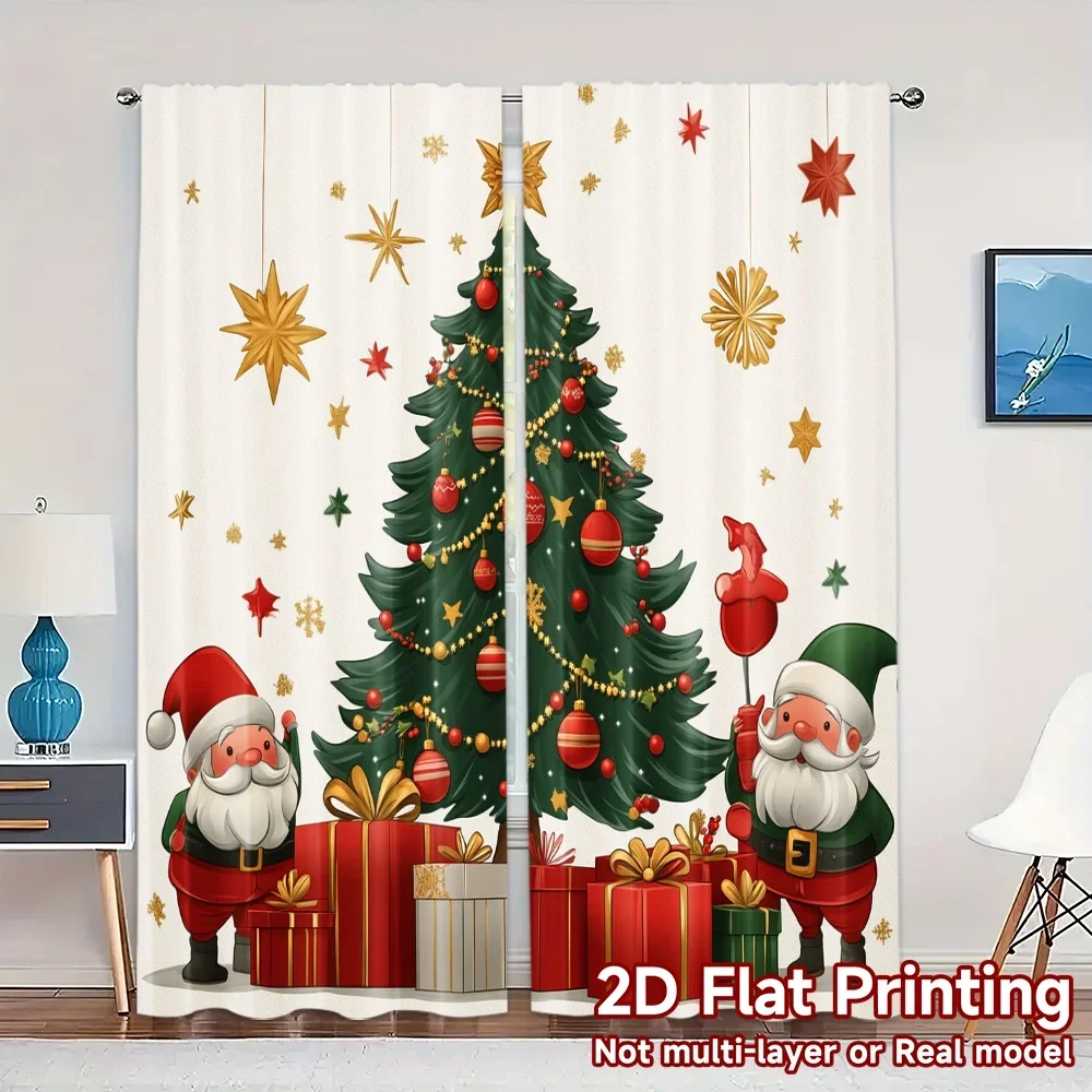 2pcs,Curtains Cute Santa Claus Christmas Tree Gifts Chic Curtain Cloth Machine Washable Fabric Curtains Decorations Decorative