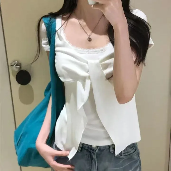 Korean Style Fake Two-Piece  Knot Short Sleeve T-Shirt Women Summer Slimming Versatile  Color Shoulder Level Top
