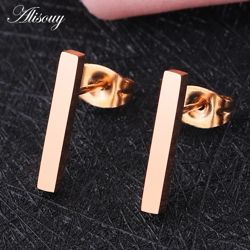 Alisouy 2PC 20g Minimalist Brief Gold Color Rose Gold Color Square Bar Stud Earrings For Women Femme Bijoux 5/10/15mm length bar