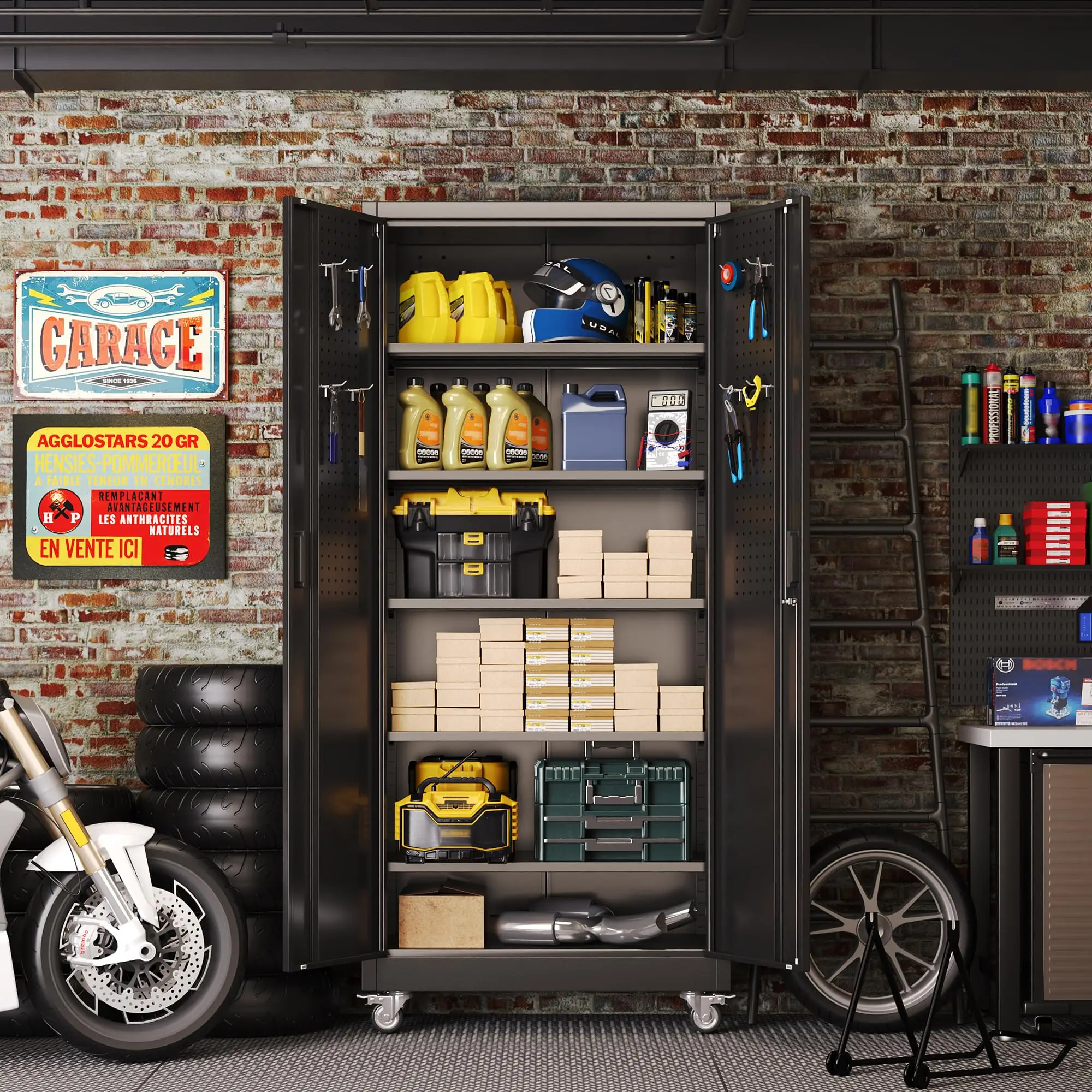 5 Adjustable 170 lb Shelves, Lockable Doors, Door pegboard and 4 Removable casters for Garage, Utility Storage.