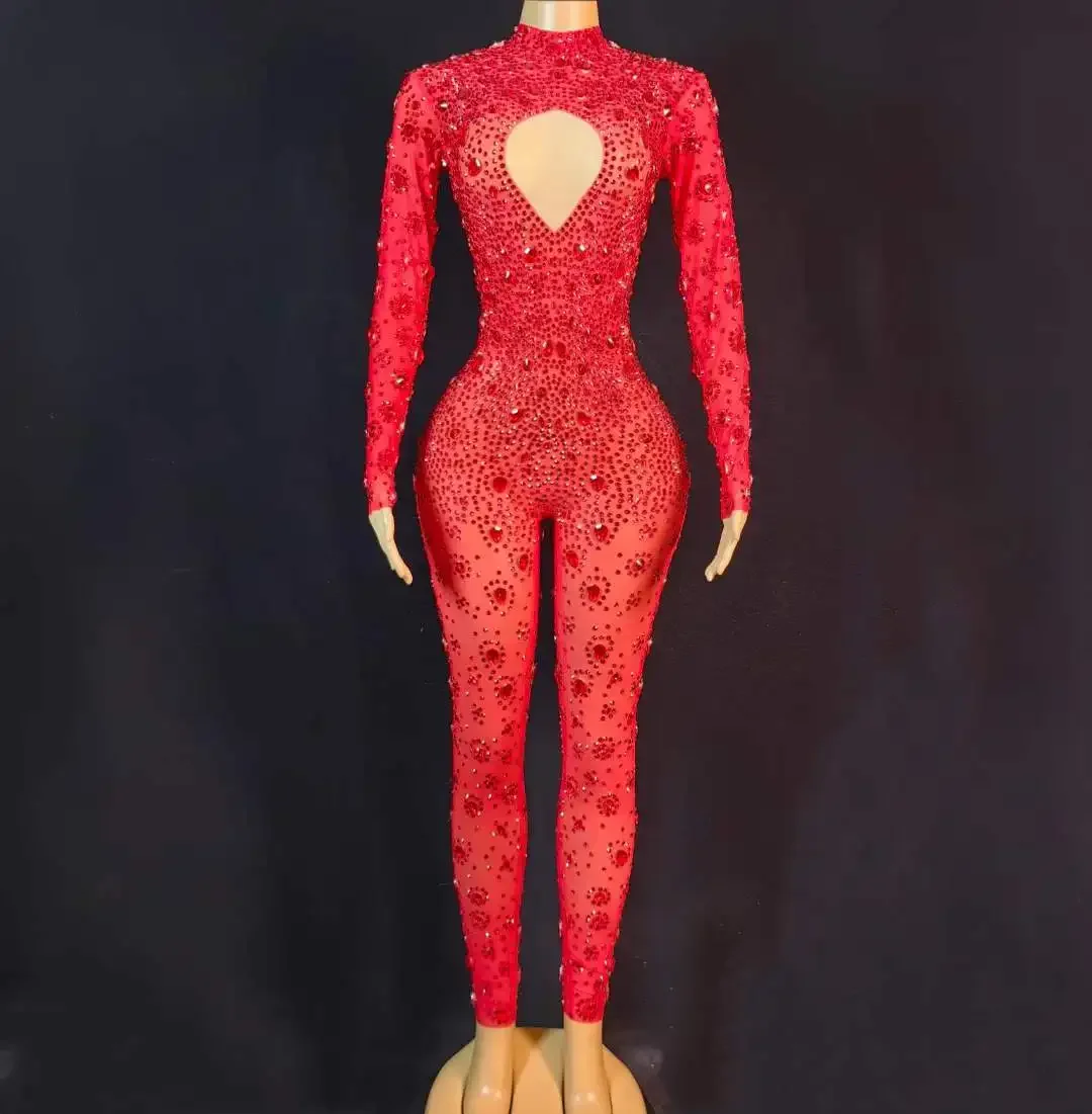 

Women Pink Red Sparkly Hot Drilling Process Rhinestone Jumpsuits Club Night Stage Wear Singer Dancer Costume