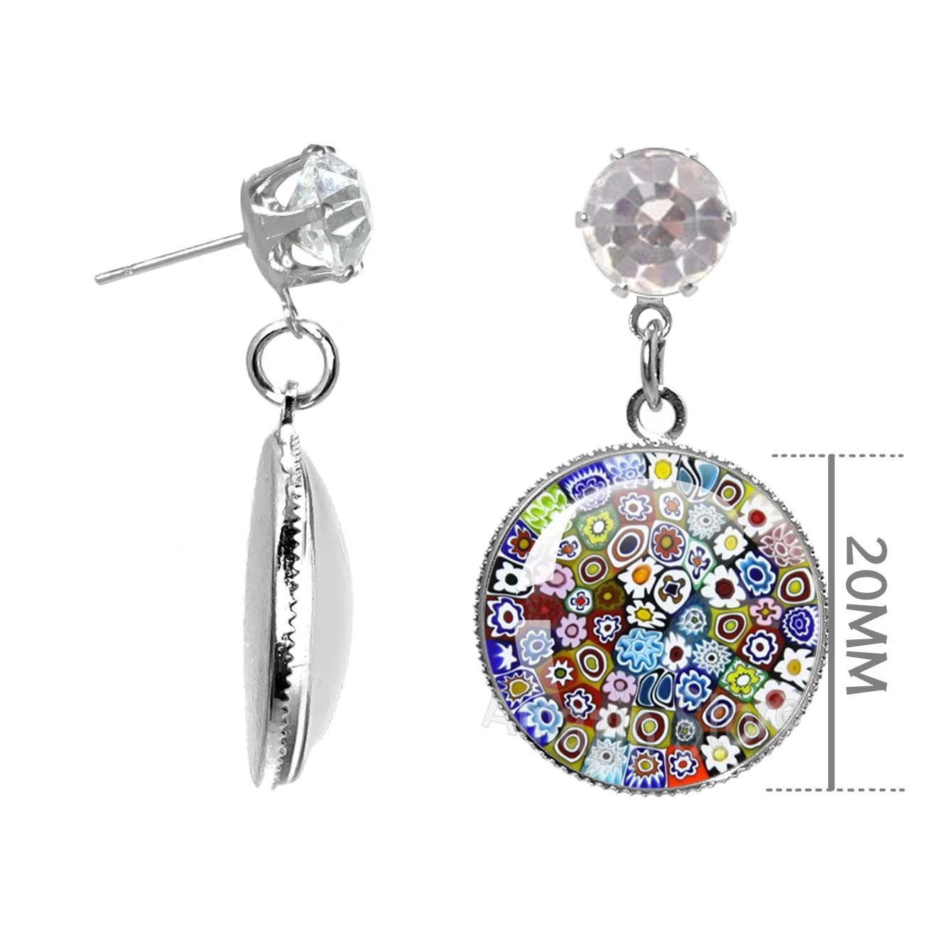 Murano Millefiori Countless Flowers Earring Rotundity 20MM Glass Cabochon Earring Glass Pendant Retro Jewelry Rhinestone Gift