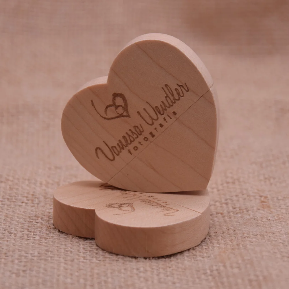 50PCS Heart Wedding Photography Gifts USB Flash Drive Wooden Pen Drive Memory Stick 64GB/32G/16G/4GB U Disk The Gift of Memories