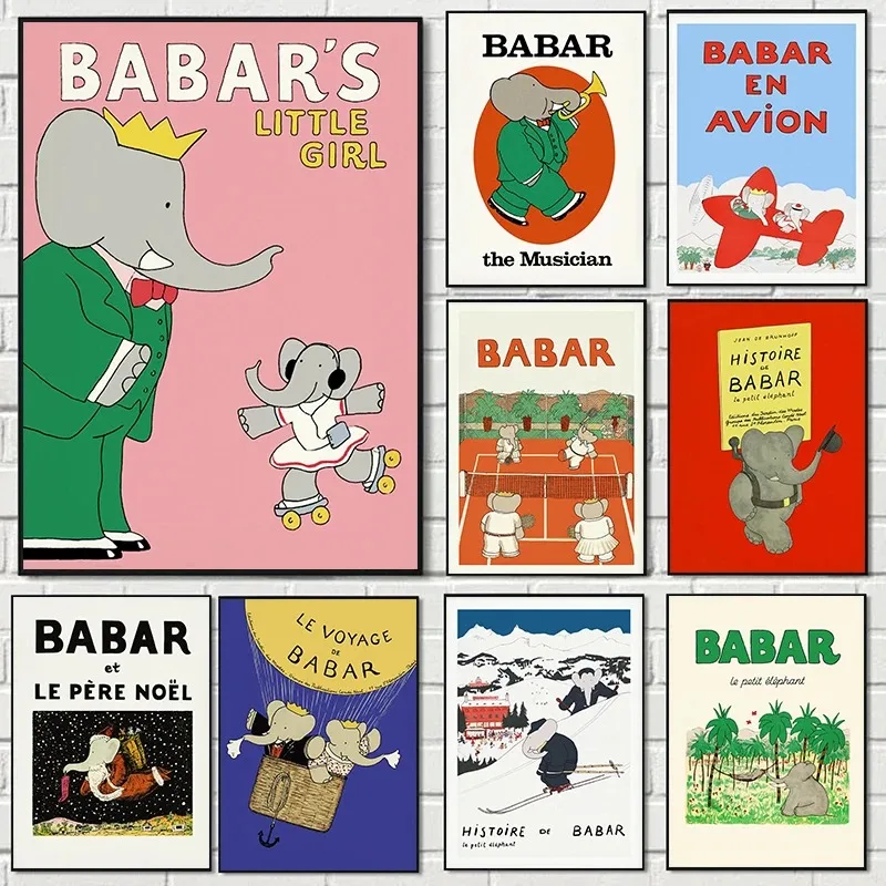 1 Stück rahmenloses Leinwandgemälde, Babar-Elefant, niedliche Elefantenfamilie, Retro-Poster, Leinwandgemälde, Wandkunst, Bilder, Schlafzimmer, Kinder