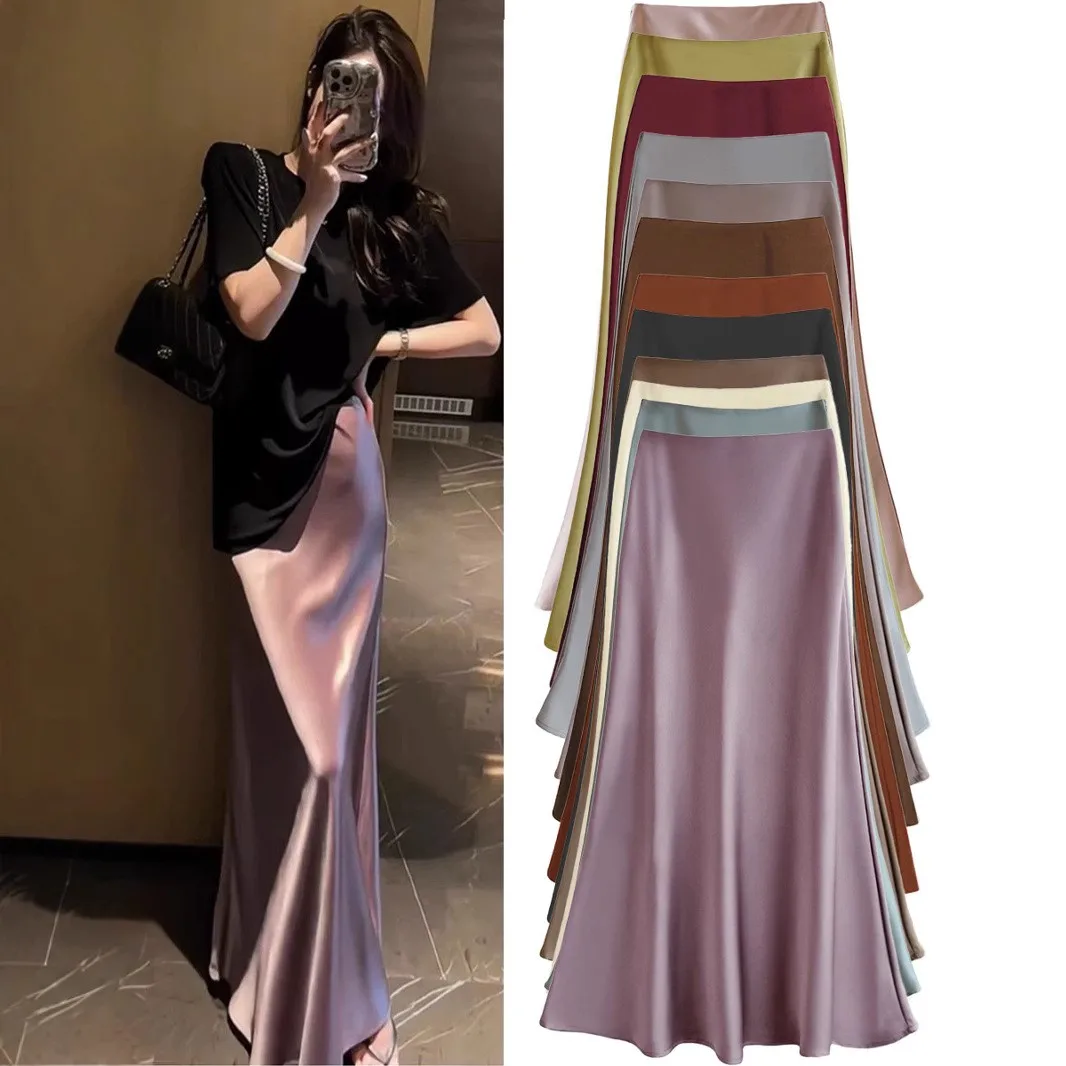 Women's Summer Skirt Long Satin Women's High Waist A Line Solid Color Silk Satin Maxi Skirt Lavender Blush Pink Side Slit