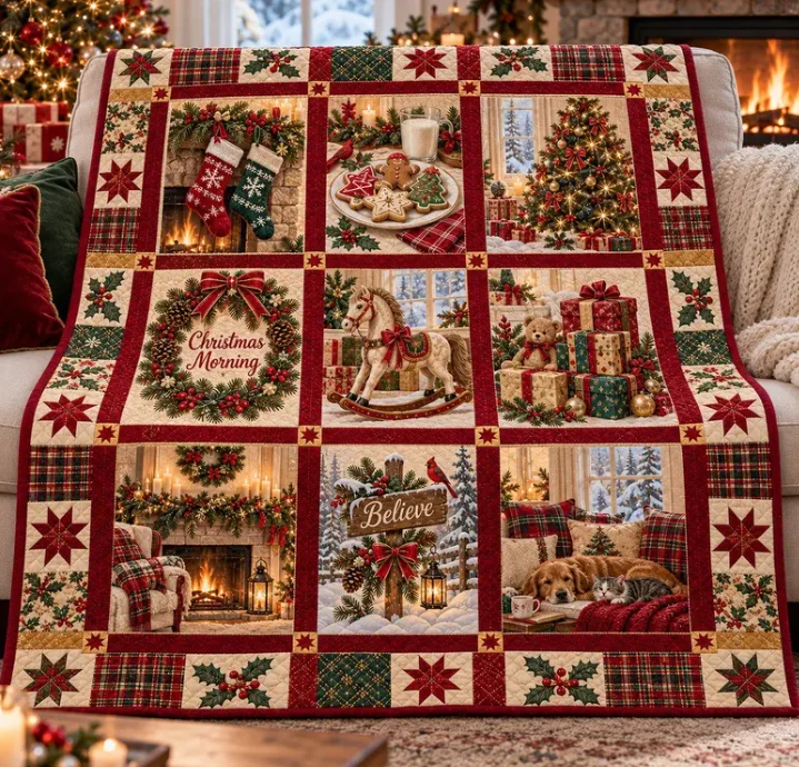 Christmas Quilted Blanket, Rocking Horse Gift Tree Throw, Winter Patchwork Vintage Holiday Decor Cozy Sofa Throw Gift for Mom