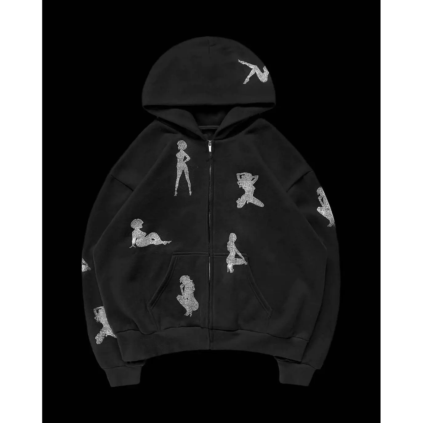 2000s Gothic Y2K Rhinestone Graphic Jacket Zip-up Hoodie Korean Streetwear Grunge HipHop Long Sleeve y2k clothes goth streetwear