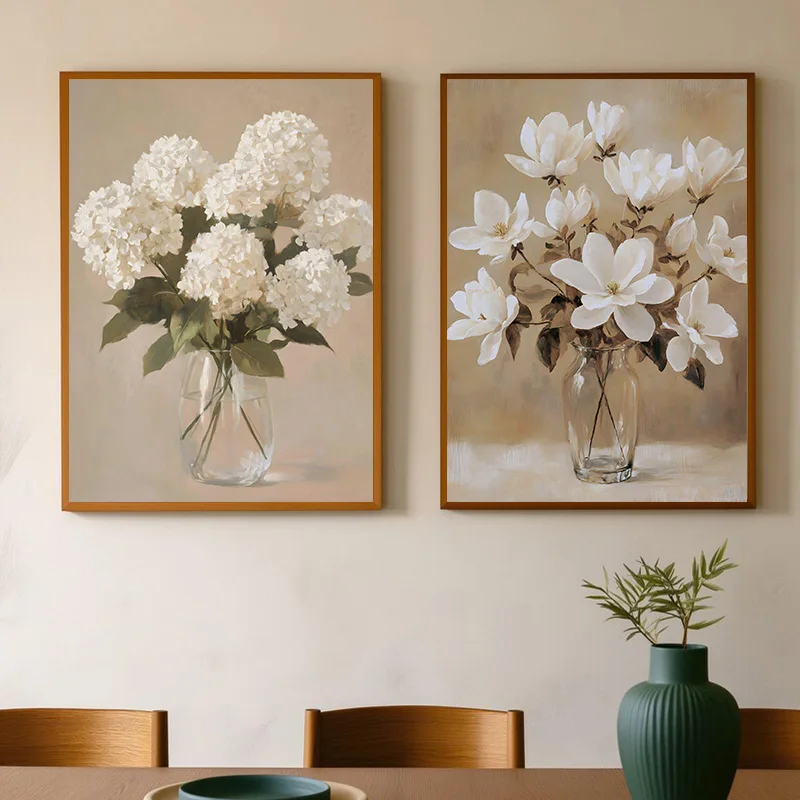 White Hydrangea Rose Daisy Poster Vintage Kitchen Still Life Canvas Painting Print Nordic for Living Room Home Decor