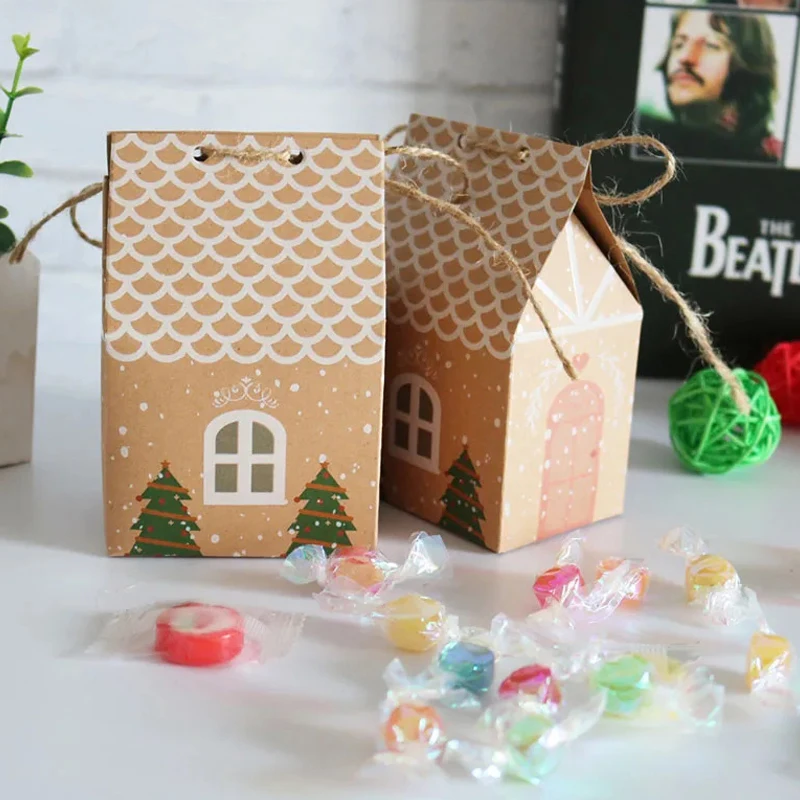 Cajas de regalo de dulces de papel Kraft de Navidad con cuerda, bolsa de papel de regalo para galletas, bolsas de recuerdo de fiesta de casa de dibujos animados, suministros de decoración para fiesta de Navidad