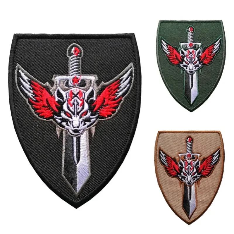 Sword Hook & Loop Patch Custom Embroidery Cloth Sticker Wolf Head Morale Badge for Military Outdoor Tactical Backpack Helmet