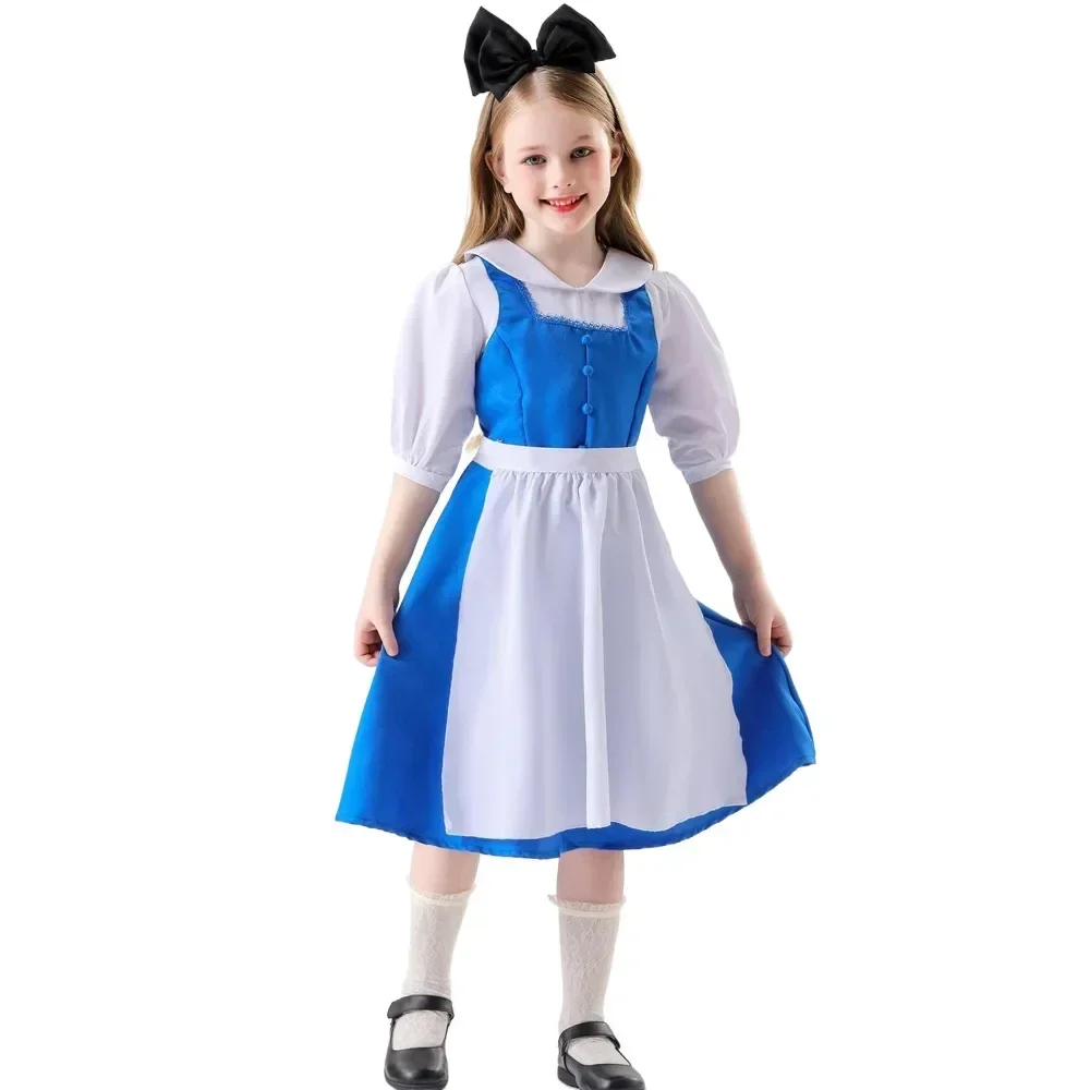 Blaues Deluxe-Kostüm für Kinder, Prinzessinnenkleid, Halloween, Cosplay, Alice im Wunderland, für Mädchen, Lolita, Dienstmädchen, Party, Verkleidung