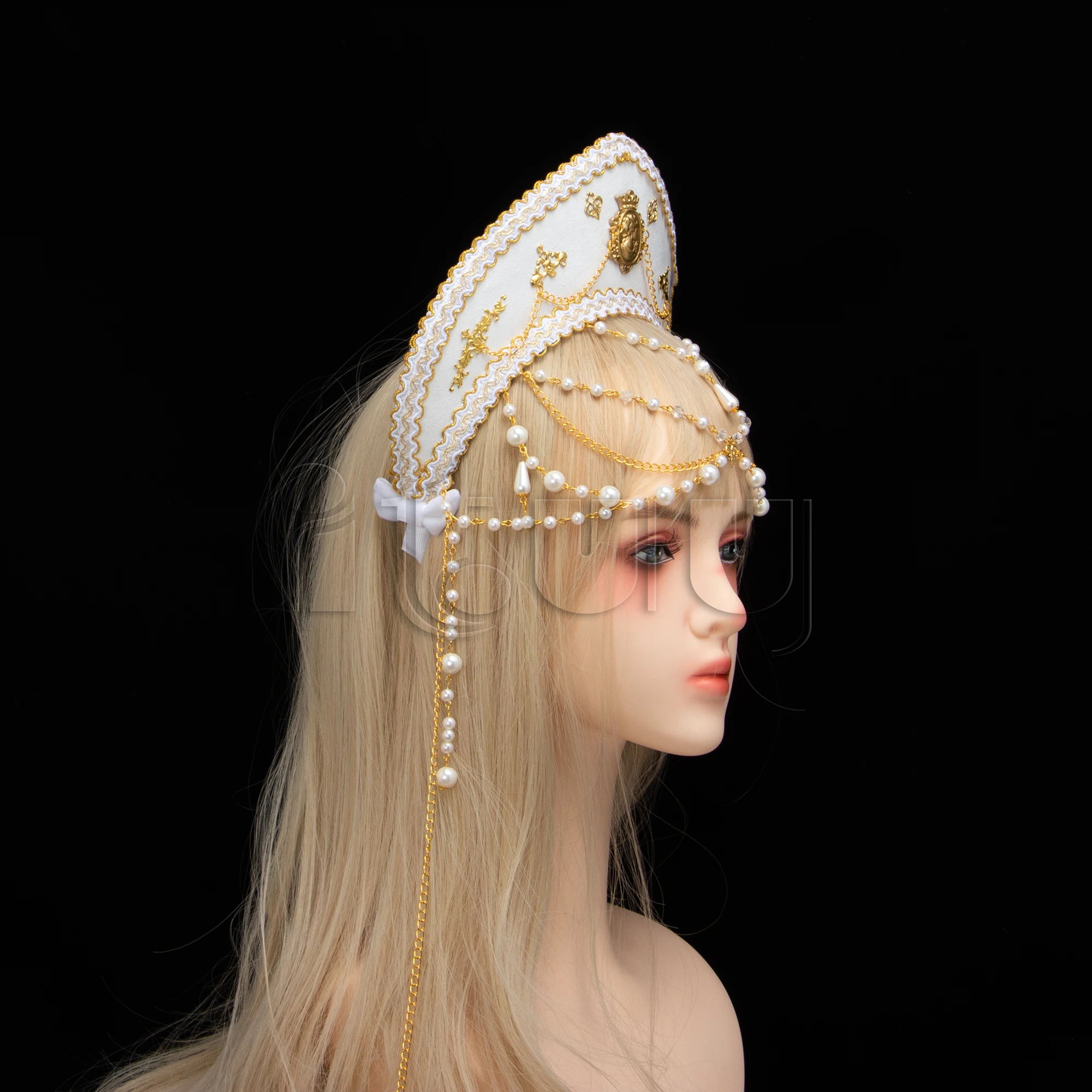 Lolita Girl Gothic Beads Chain Tudor Crown Hood Coronet Headpiece Elizabethan Renaissance Goddess Royal French Tiara Headband