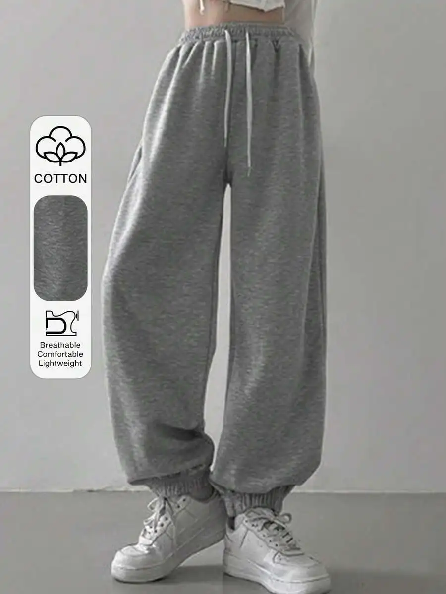 

Серые однотонные хлопковые спортивные брюки свободного кроя с завязками на талии для женщин