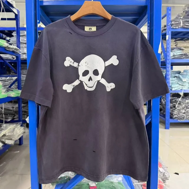 26SS Retro Summer Hip-Hop Streetwear Skull Print Design Washed Distressed Short-Sleeve T-Shirt