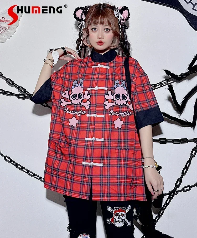 

Mine Mass-Produced Subculture Original Design Plus-size Cheongsam Top Student Street Fashion Loose Skull Print Red Plaid Shirt