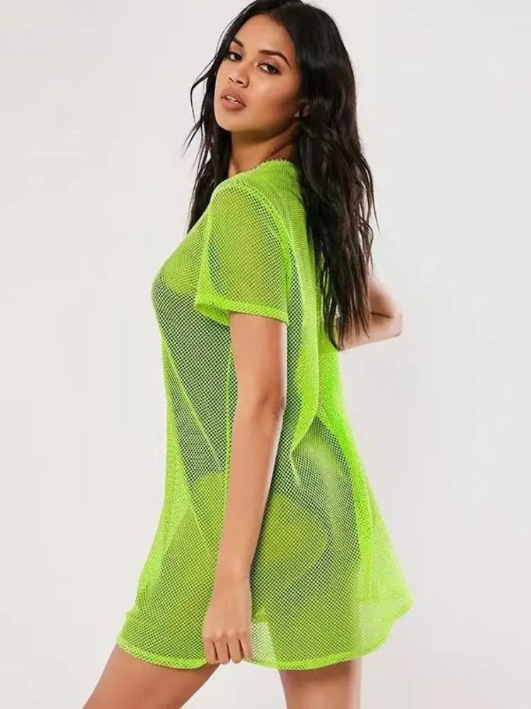 Women Short Sleeve T-Shirt Hollowed Out Mesh Spicy Girl Fluorescent Swimsuit Set With a Base Shirt Dress O-Neck T-shirt Tops