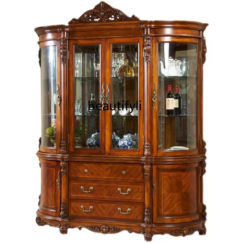 Solid Wood Large Apartment Villa Living Room Display Wine Cabinet Four-Door American Retro Wine Cabinet against the Wall