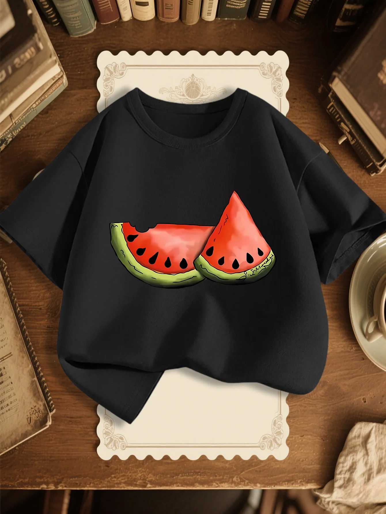 Cute Cartoon Watermelon Slice Print Graphic Kids Tee Boys Girls Family Matching Cotton Crew Neck Short Sleeve Soft Summer Tee