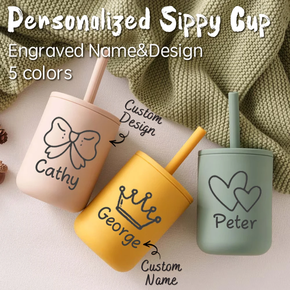 1pc Personalized Custom Engraved Name Silicone Straw Sippy Cup Cartoon Pattern Toddler Water Cup,baby shower gift