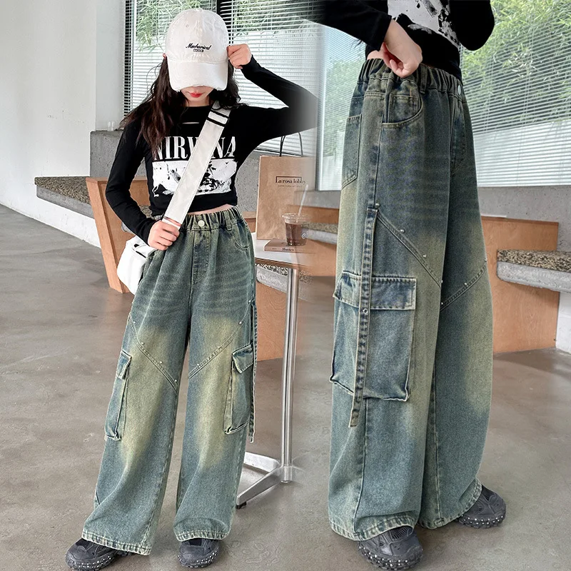 جديد الخريف المراهقات البضائع الجينز مع جيب عالية الخصر بنطال ذو قصة أرجل واسعة الأطفال فضفاض الكورية الأزرق عارضة نمط السراويل #2