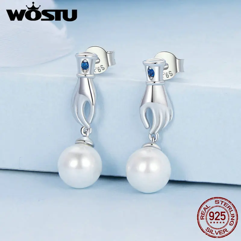 WOSTU 925 Sterling Silver Devil's Eye Hand Stud Earrings With Shell Pearl For Women Lucky Protective Talisman Jewelry FNE939