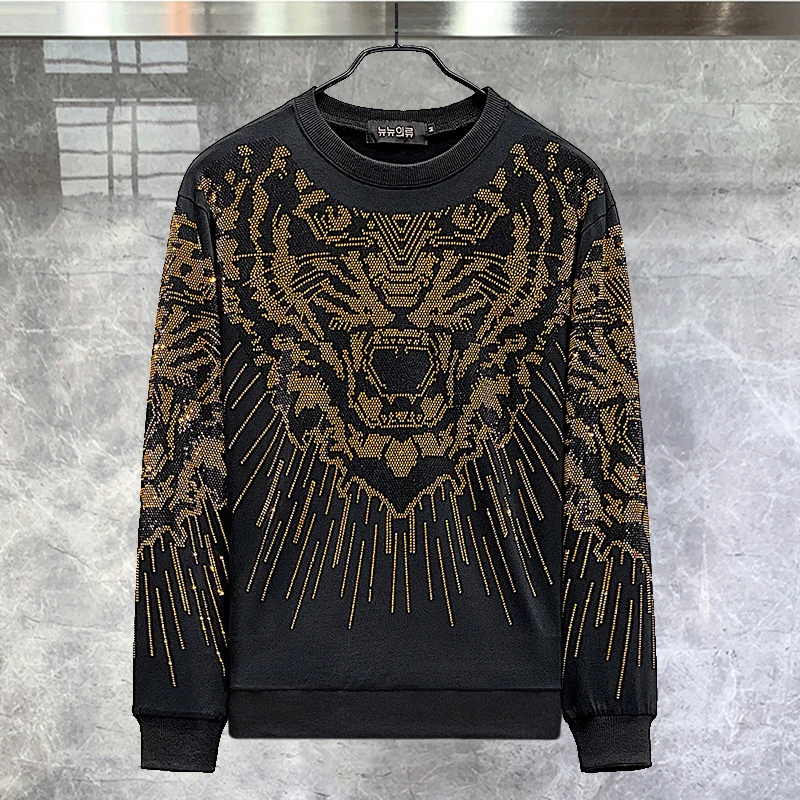 

2023 Fashion Casual Hot Drilling Pullover Men Clothing Male Streetwear Tiger Head Long Sleeve Men Shining T Shirt Sweatshirt