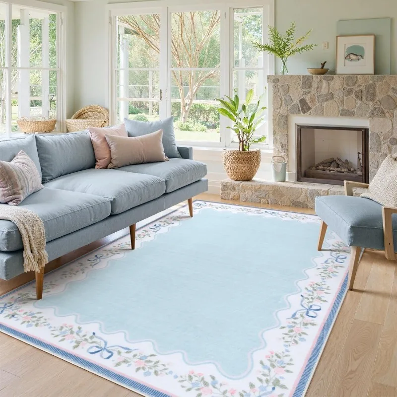 Blue Flower Border Living Room Carpet Foldable Machine Washable Coffee Table Anti-slip Floor Mat Bedroom Bedside Soft Rug Tapis