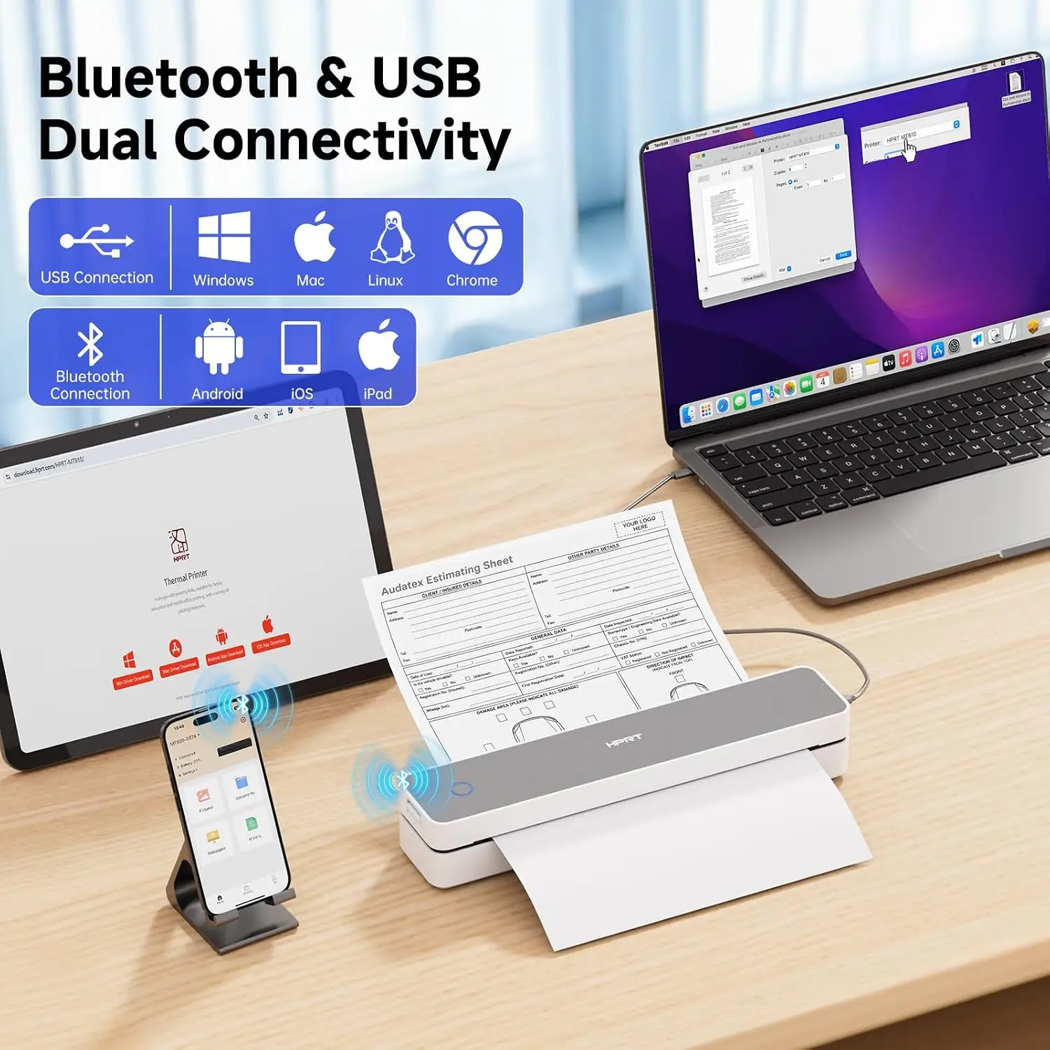 300dpi Portable A4 Thermal Printer Bluetooth Wireless Mobile Use Device Support Official Home School Picture Photo PDF Print