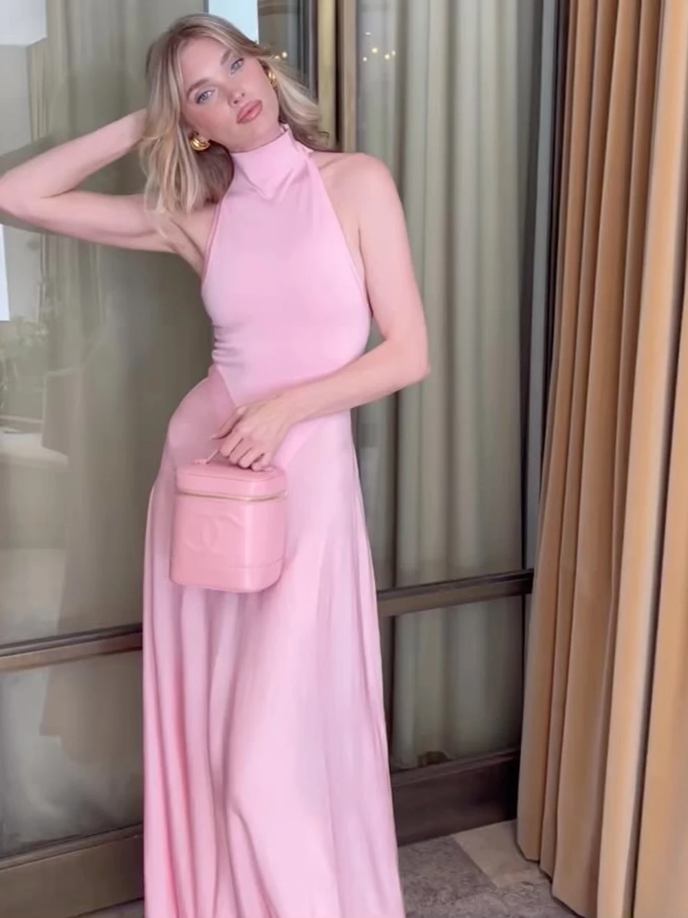 2024 Sexy Women's Pink Satin Chiffon A-Line Large Swing Dress Sleeveless Hanging Long Dress Bodycon Celebrity Cocktail Dress