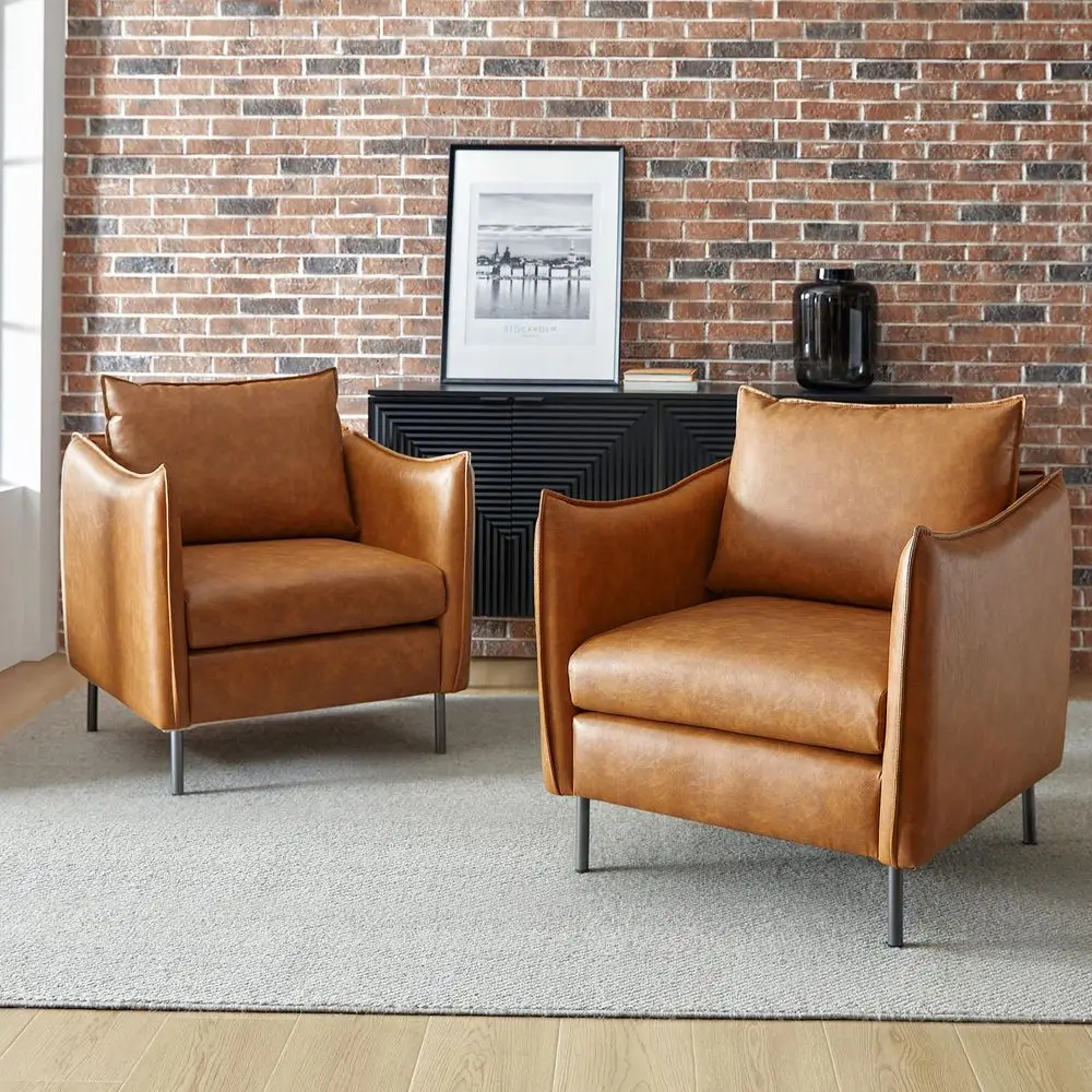 

PU Leather Vintage Armchair, Mid Century Accent Chair, Club Chairs Set of 2, Arm Chair for Living Room Office Bedroom Study, Ca
