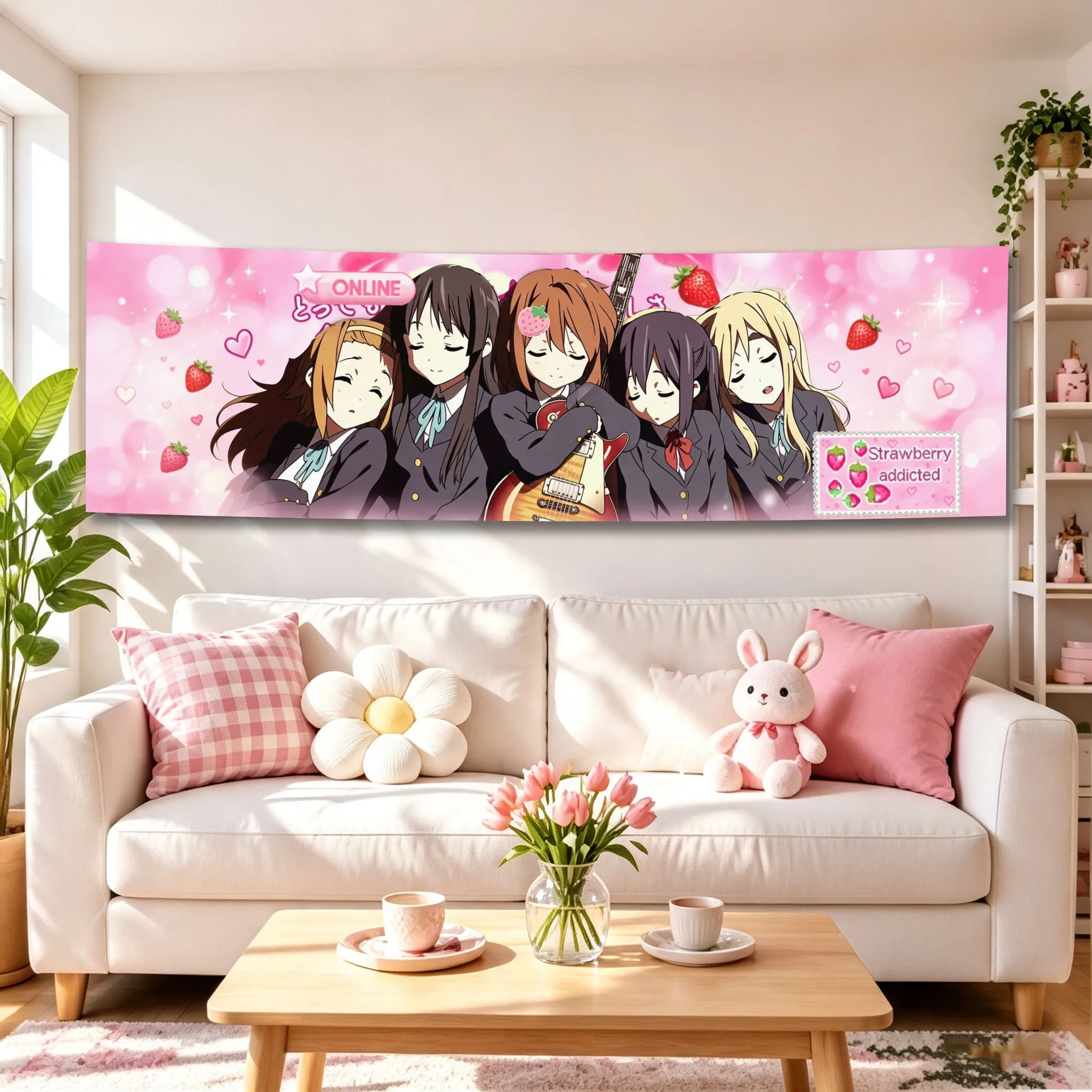 Cute Kawaii Anime Girl Group Background Cloth Long Tapestry Suitable For Home Bedroom Dorm Wall Decor Strawberry Addicted Gift
