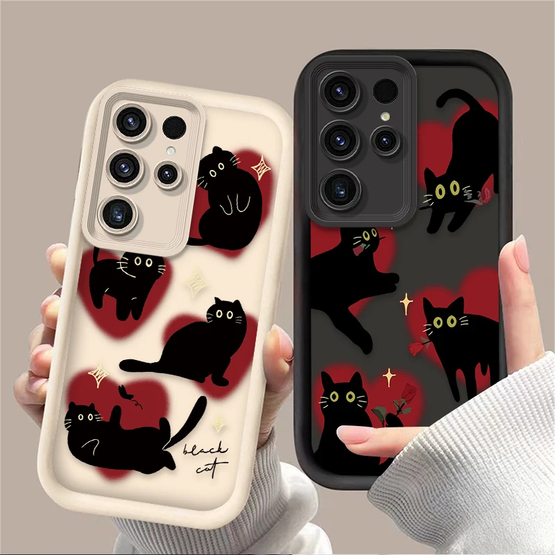 

Case for Samsung Galaxy S23 S24 S25 Ultra S22 S21 Plus FE 5G A54 A34 A14 A73 A53 A33 5G Ins Lovely Love Heart Black Cat Cover