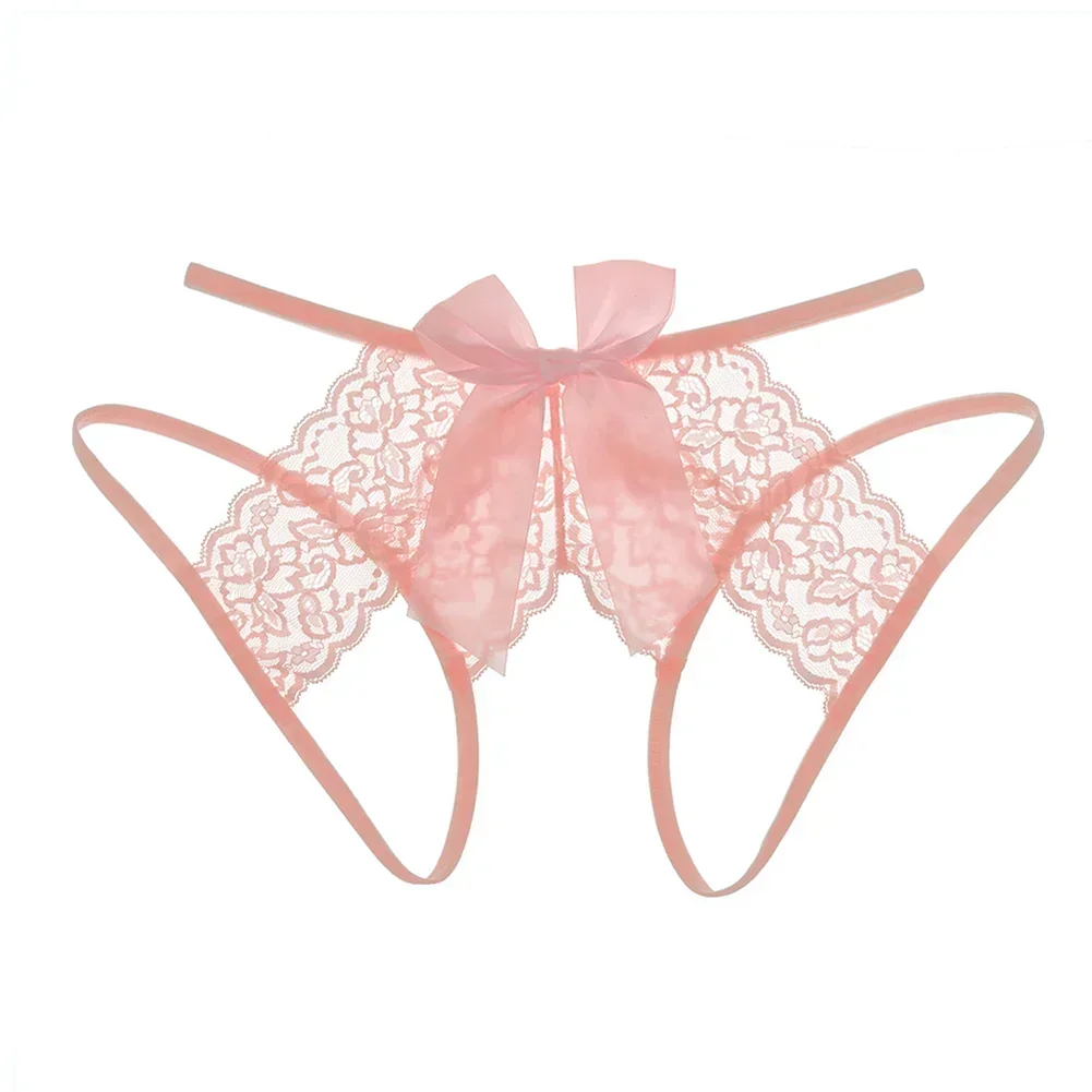 Women Hollow Crotchless Thongs Briefs Lace Sheer Knickers Big Bowknot Erotic Underpants Seductive Lingerie Plus Size Underwear