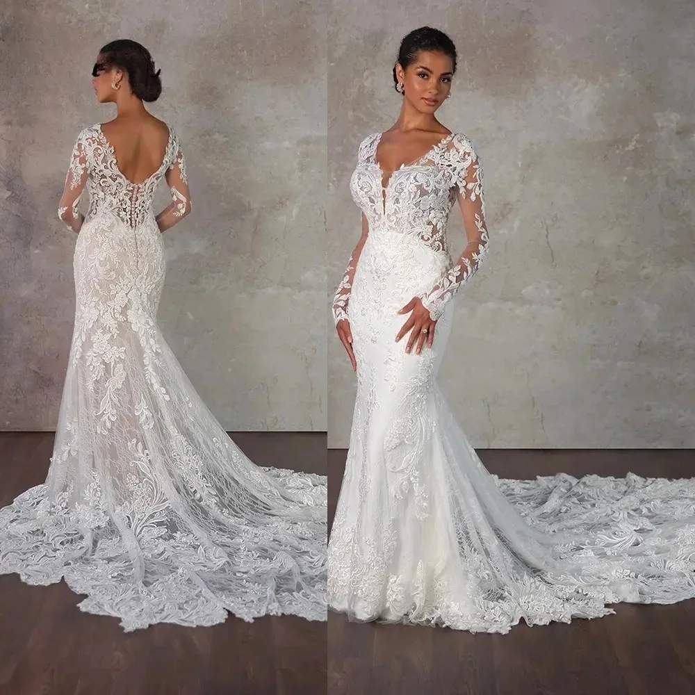 Luxury V-Neck Mermaid Wedding Dresses Lace Appliques Long Sleeves Button Sweep Train Floor Length Vestidos De Novia Customised