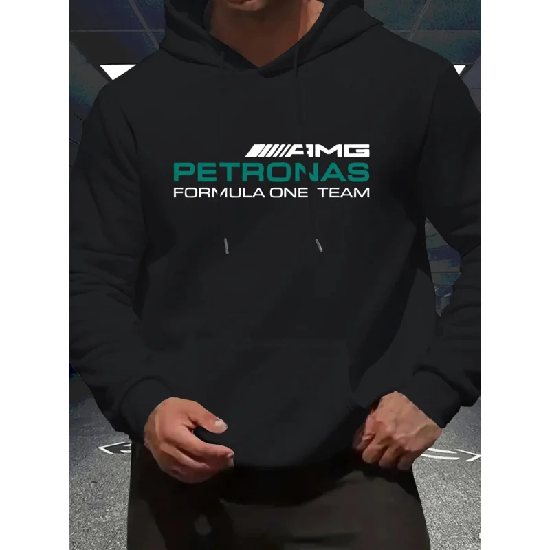 

Mercedes-benz men's Formula One racing graphic hooded sweatshirt - loose and suitable for casual pullover, comfortable throughou