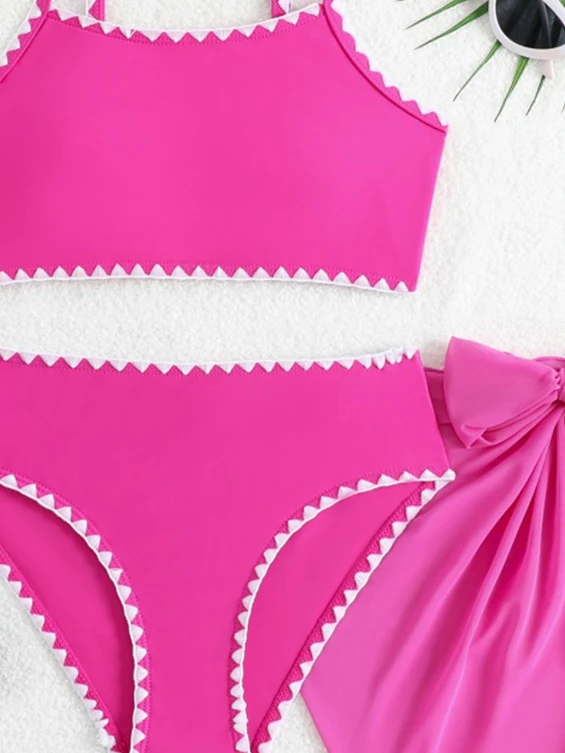 Bikini Girls Kids Swimsuit 2026 New Pink Sling Children Swimwear Summer High Waist Mesh Three Piece Beach Cover Up Bathing Suits - view 6