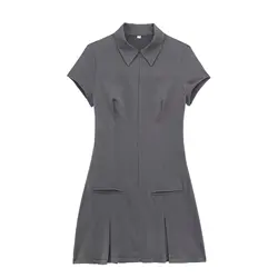 American Preppy Style Dress Women Summer Turn-Down Collar Short Sleeves Slim Short Dresses Chic Gentle Elegant Wide Pleat Skirts