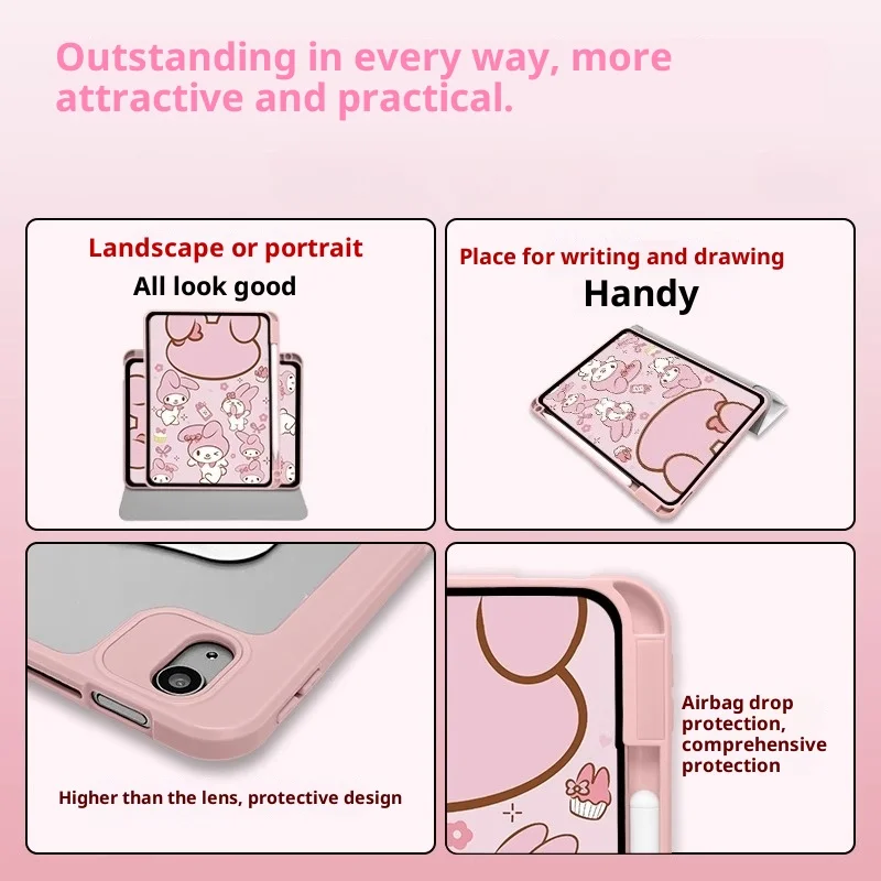 MINISO マイメロディ iPadケース iPad Air3 4 5 M2 M3 10.9インチ Pro 4 5 6 12.9インチ M4 保護ケース iPad 9/10/11 A16 11インチ タブレットカバー