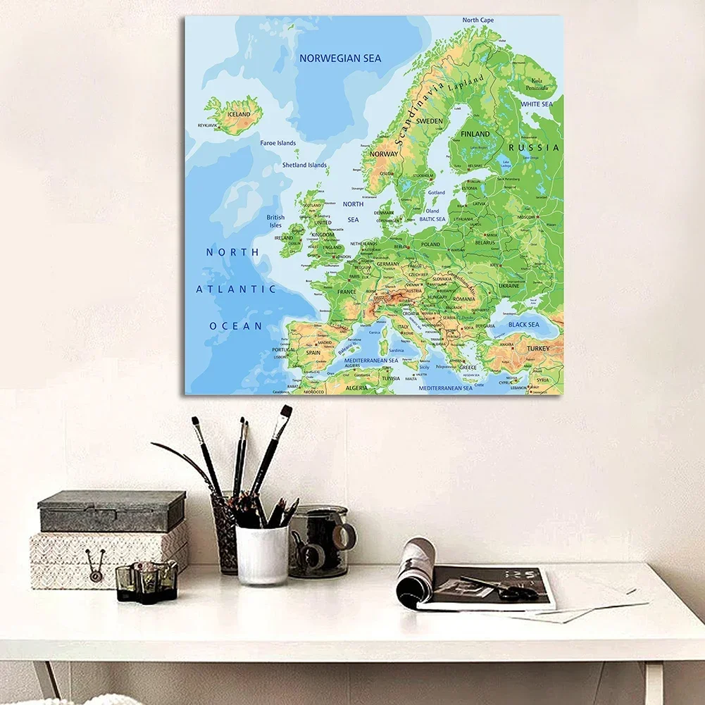 Mapa do terreno da europa em inglês, 150*150cm, pintura em tela não tecida, grande cartaz de parede, sala de aula, decoração de casa, material escolar