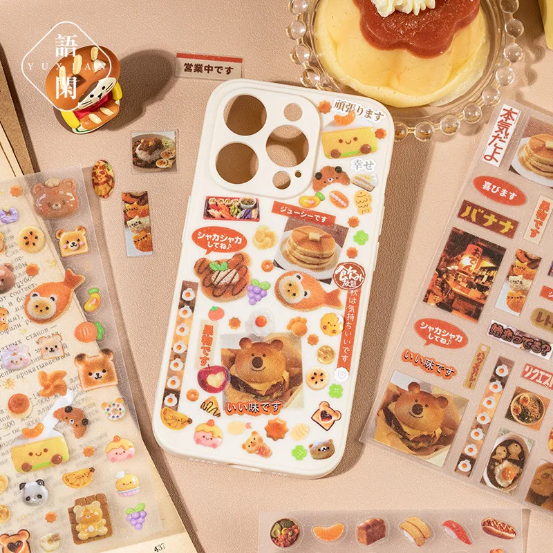 6Pcs Japanese Retro Showa Cartoon Cut Film Shiny Sand Sticker Scrapbook Journal DIY Deco Mobile Phone Case Stationery PET Decals