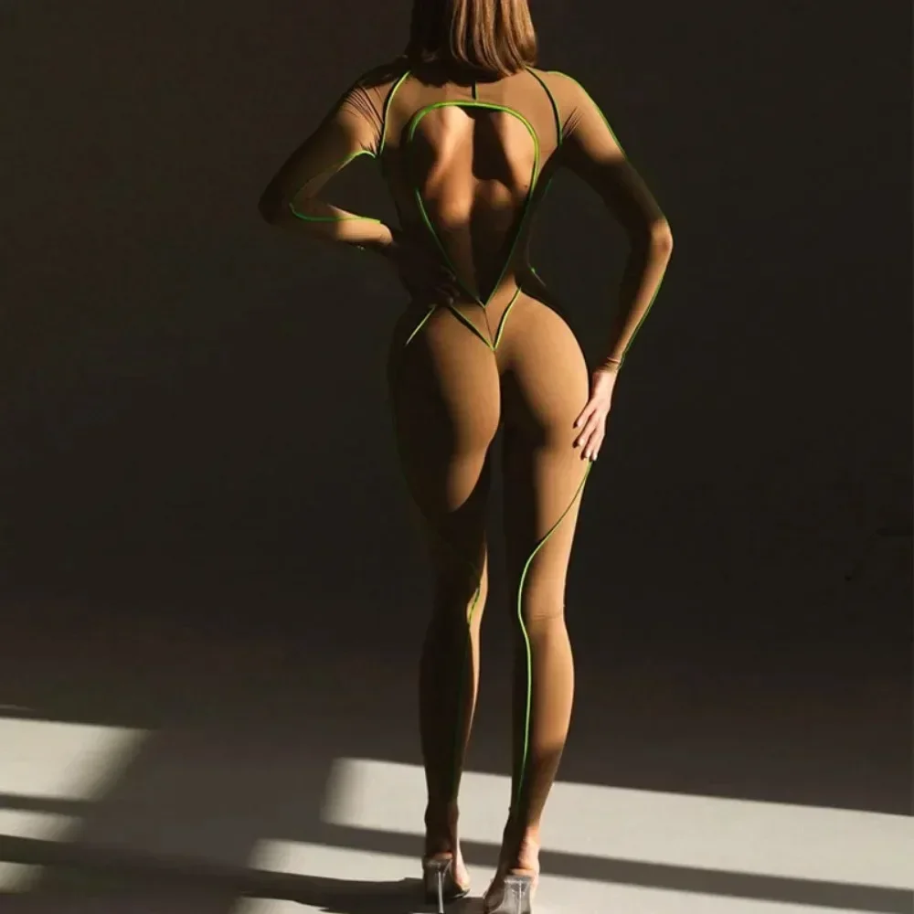 بذلة نسائية ضيقة بدون ظهر، ملابس نوادي مثيرة بأكمام طويلة مع سحاب، ملابس ليلية أنيقة للصيف